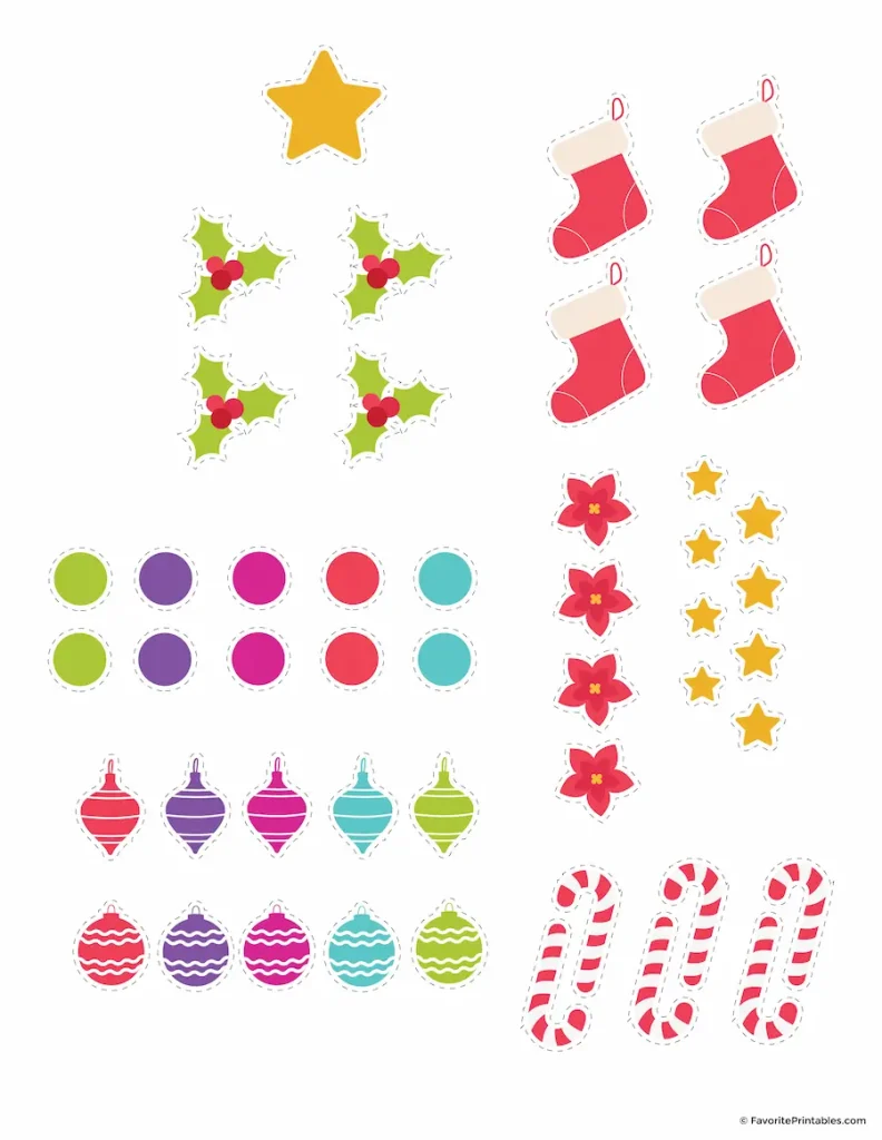 Build A Christmas Tree cutout page ornaments.