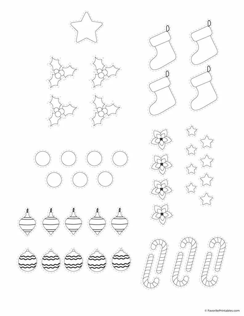 Build A Christmas Tree cutout page ornaments blank.