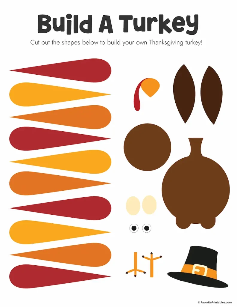 Free printable build a turkey kit in color.