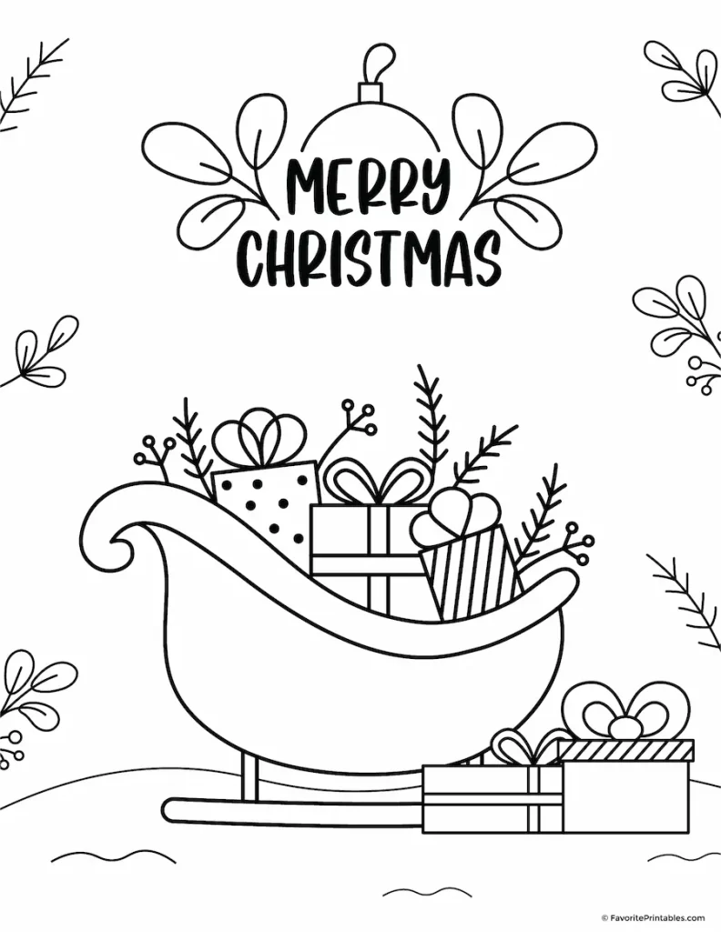 Free printable Christmas sleigh coloring page.