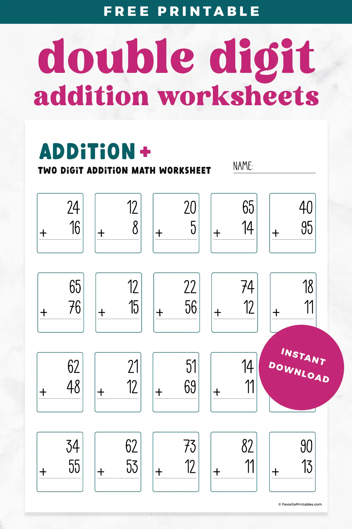 Free printable Double Digit Addition Worksheet pin.