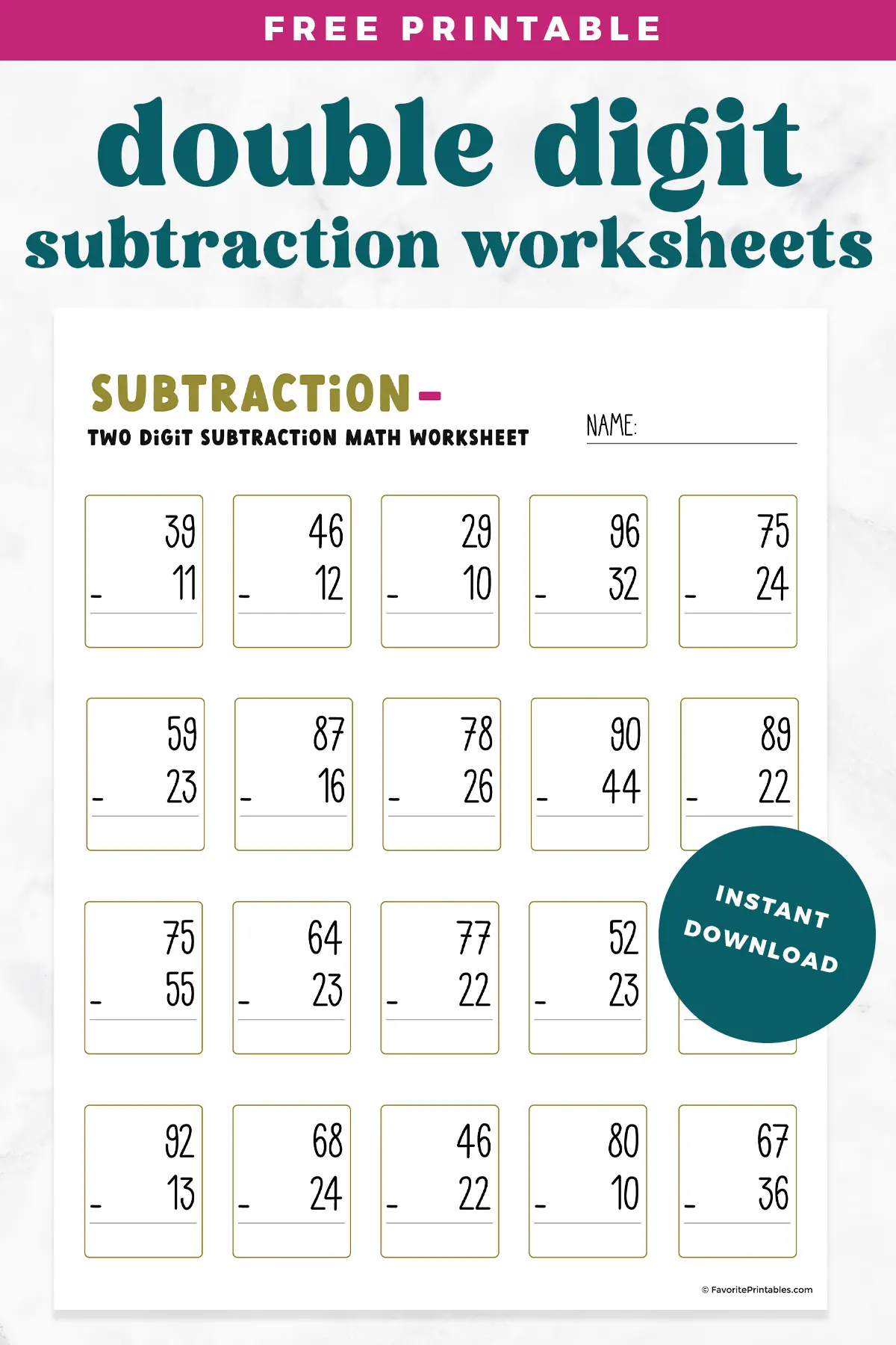 Free printable Double Digit subtraction worksheet pin.