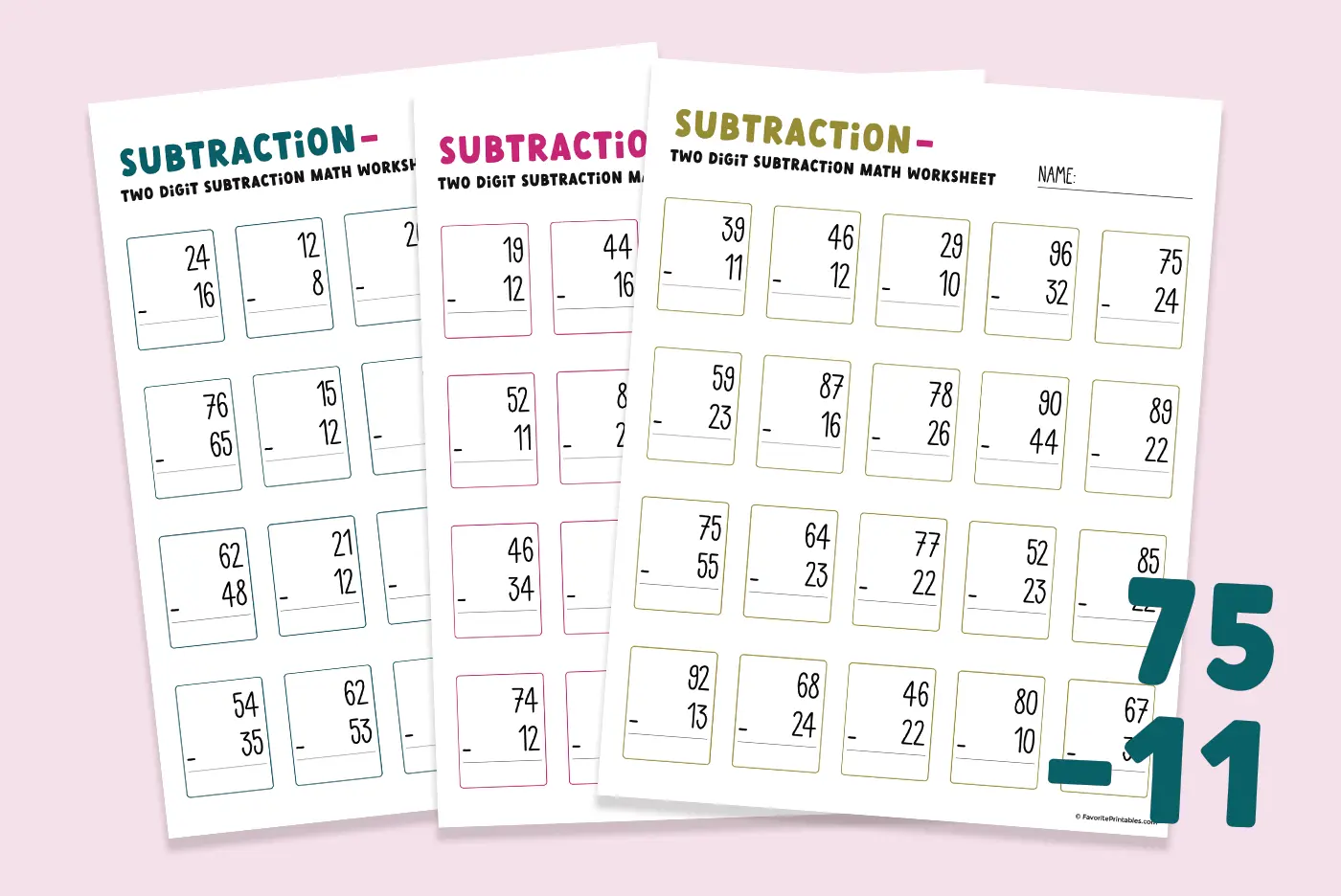 Free printable Double Digit subtraction worksheets.