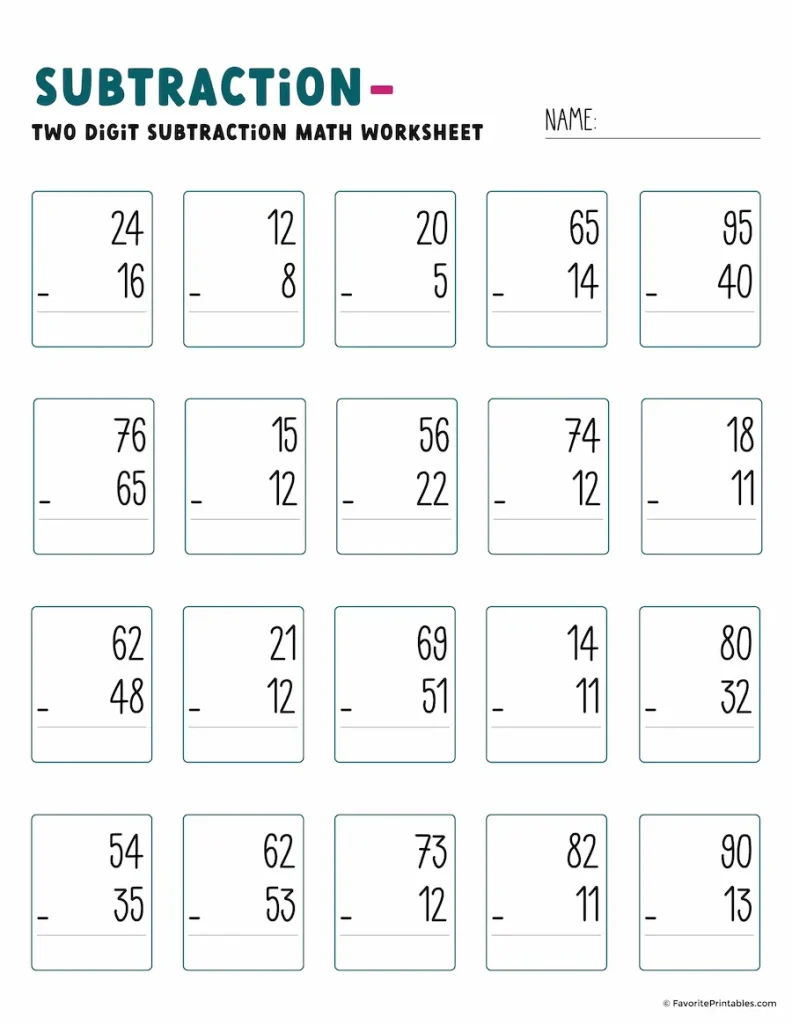 Double digit subtraction worksheet.