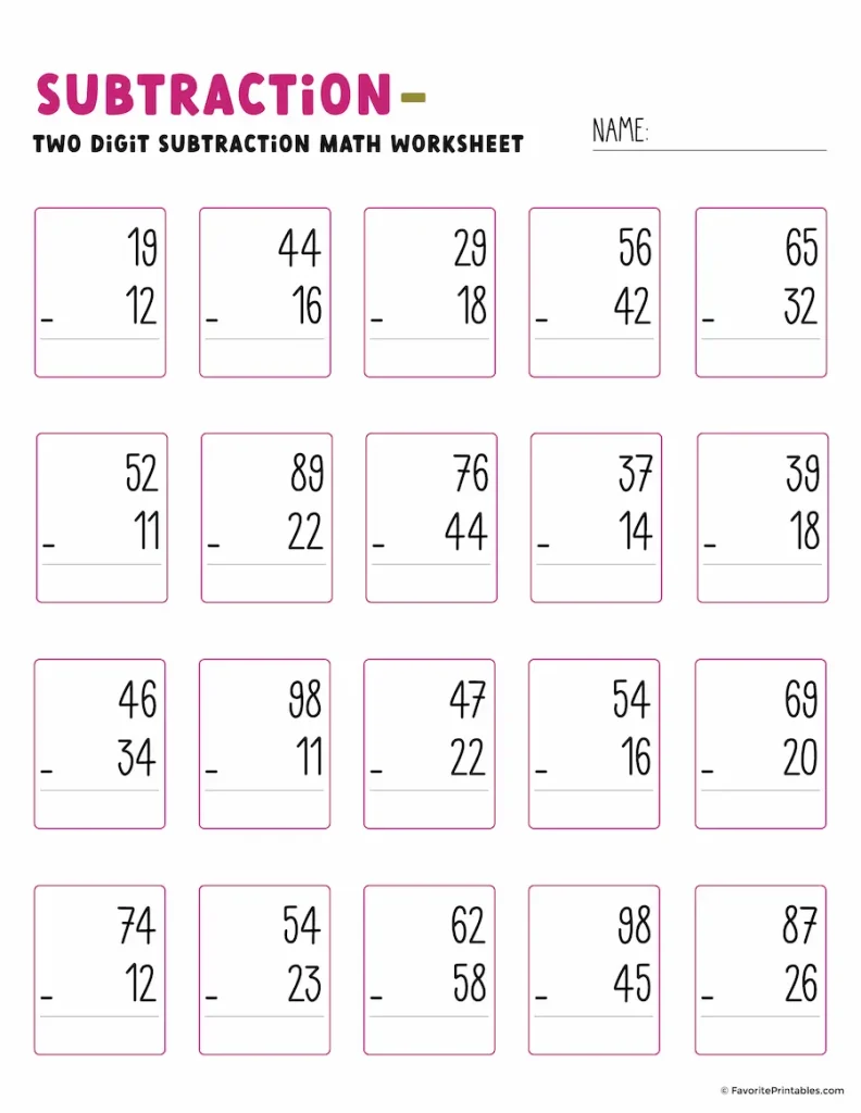 Double digit subtraction worksheet.