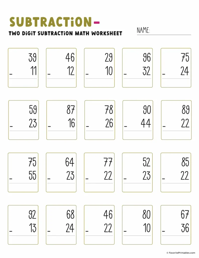 Double digit subtraction worksheet.