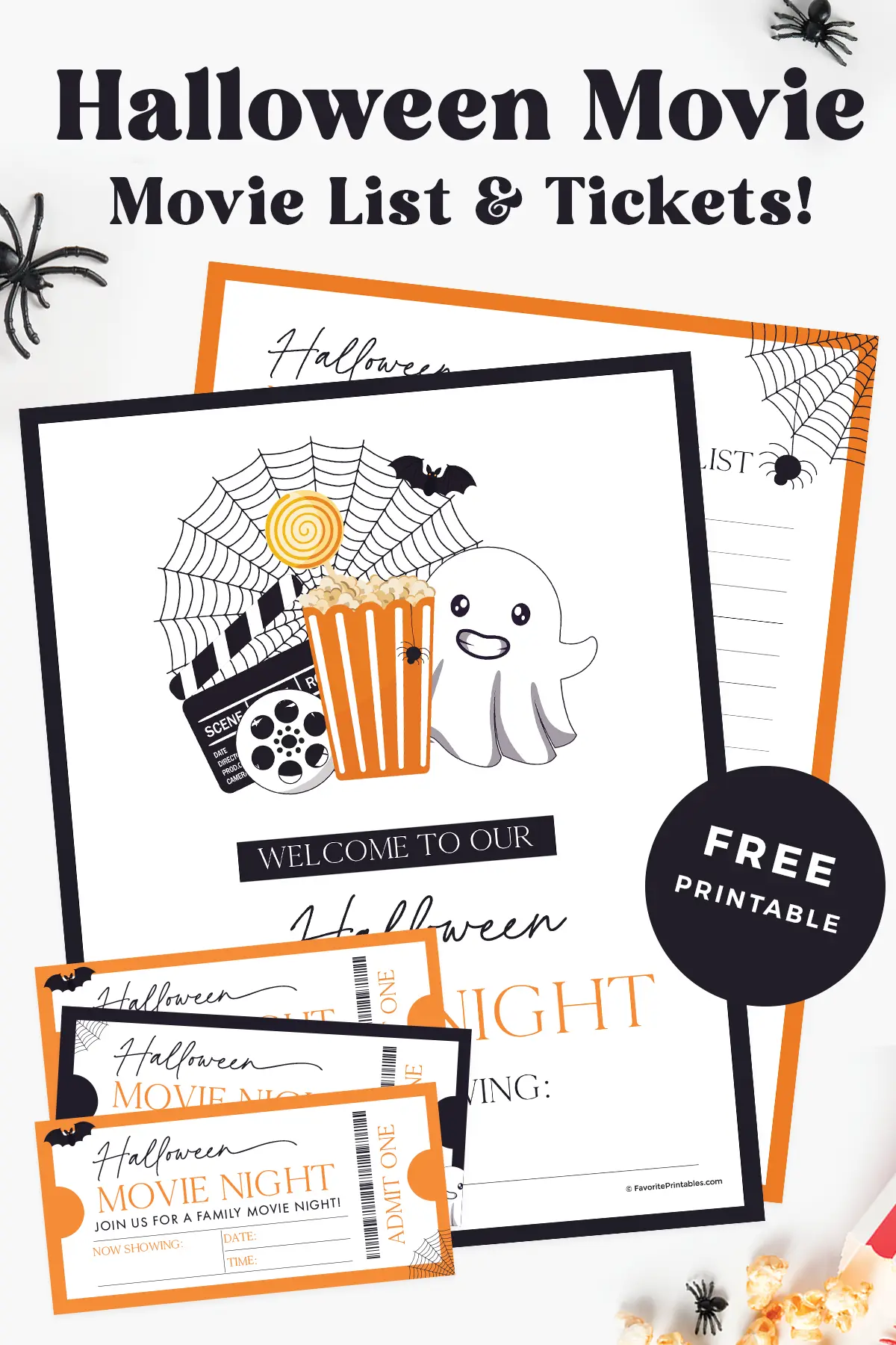 Free printable Halloween movie night checklist and tickets pin.