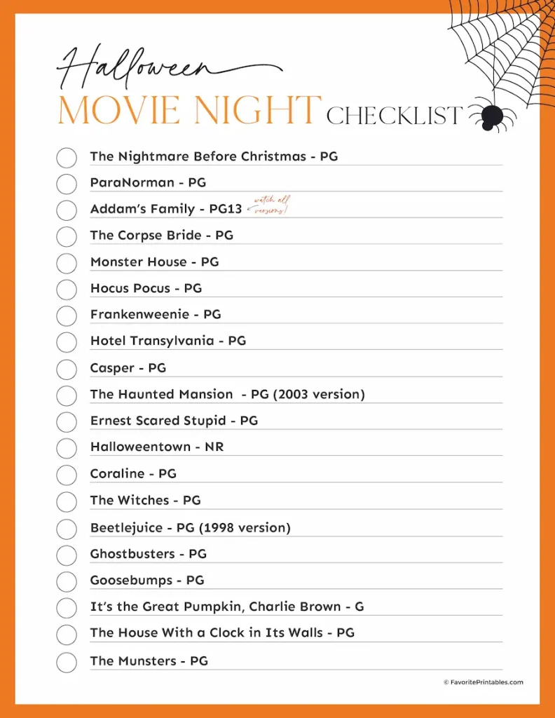 Free printable Halloween movie night checklist.