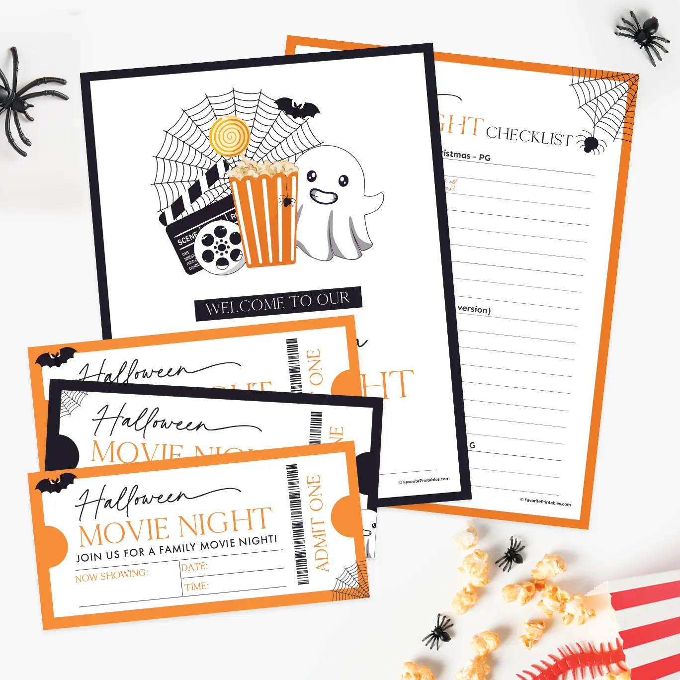 Free printable Halloween movie night checklist and tickets.