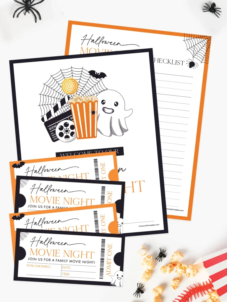 Free printable Halloween movie night checklist and tickets.