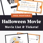 Free printable Halloween movie night checklist and tickets pin.