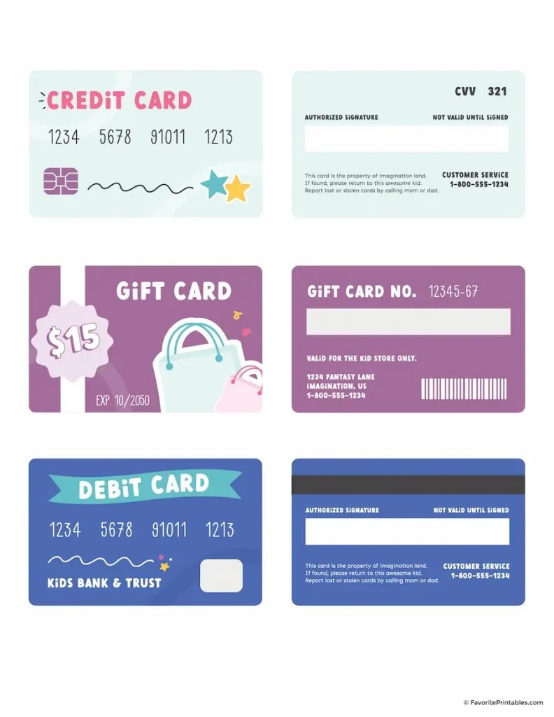 Free printable play cards of credit card, gift card and debit card front and back