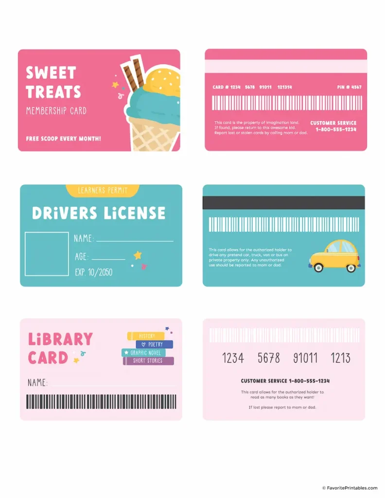 Free printable play cards of dessert card, drivers license card and library card front and back