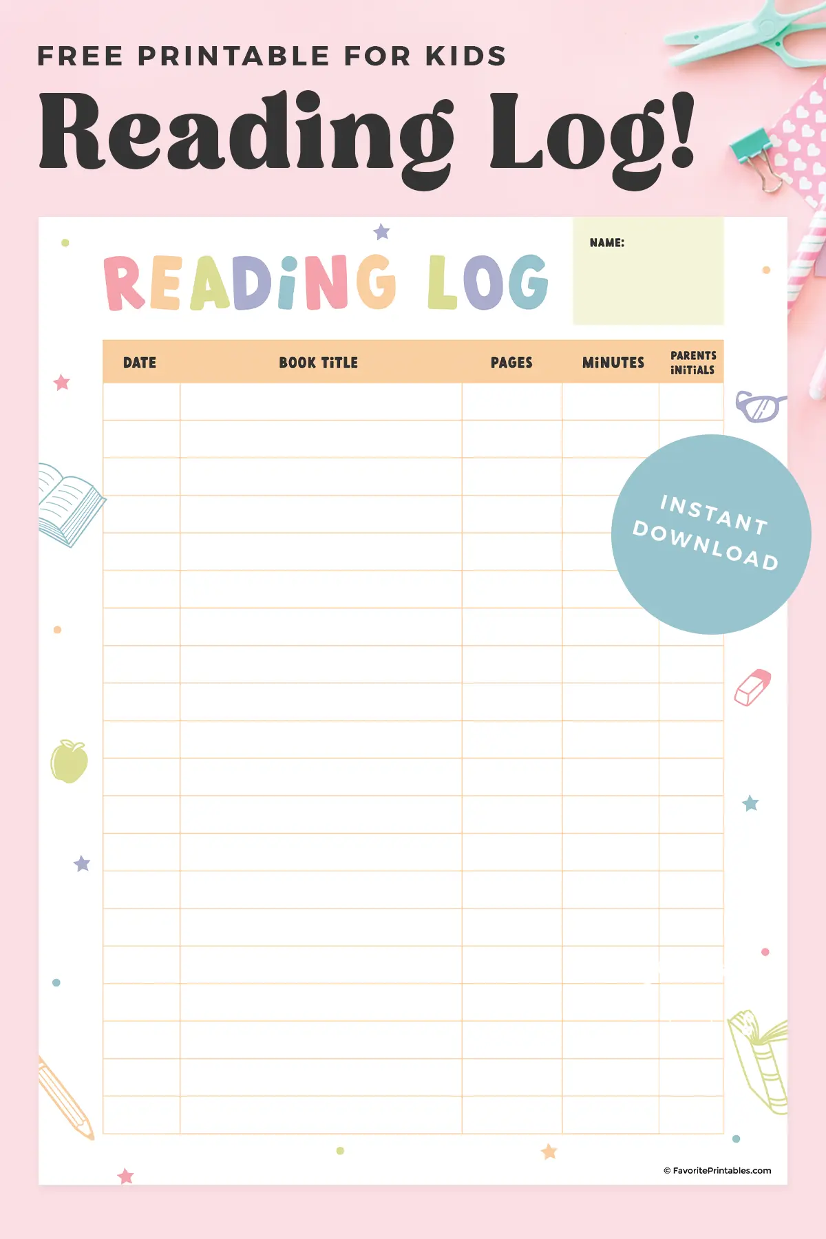 Free printable kid's reading log pin.