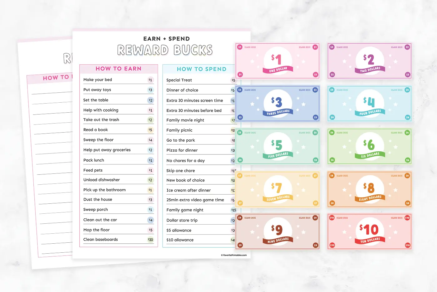 Free printable reward bucks and chart.