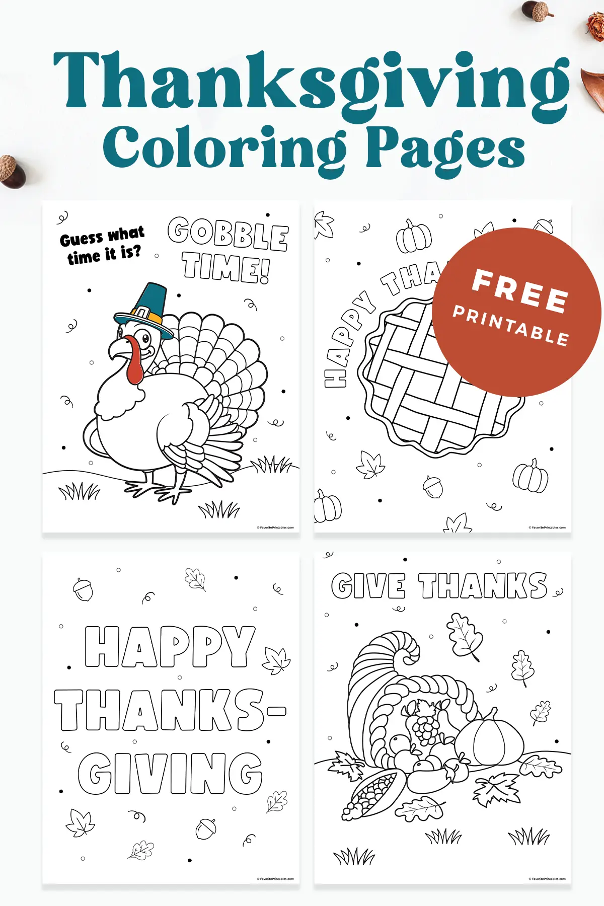 Free printable Thanksgiving coloring pages set of four.