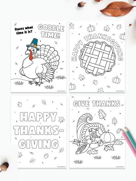 Free printable Thanksgiving coloring pages set of four.