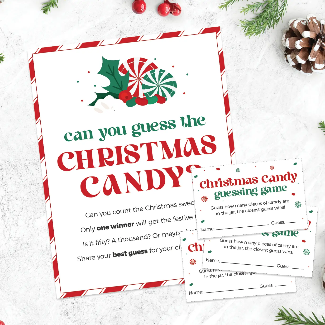 Free printable Christmas candy guessing game.