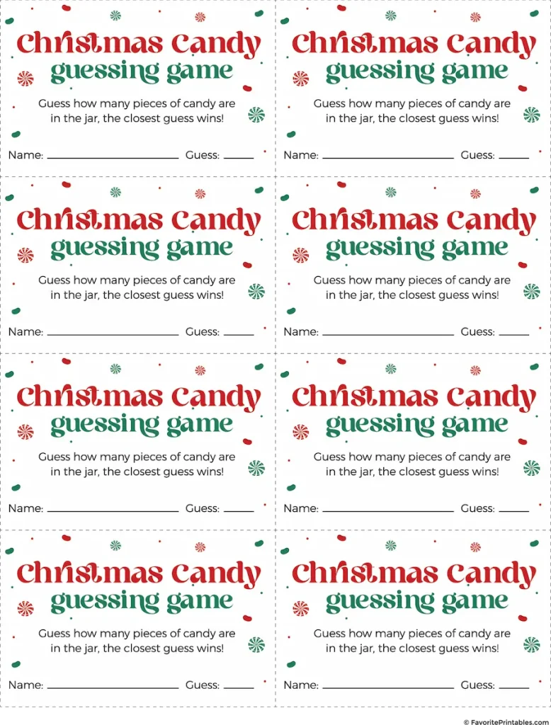 Free printable Christmas candy guessing game cards