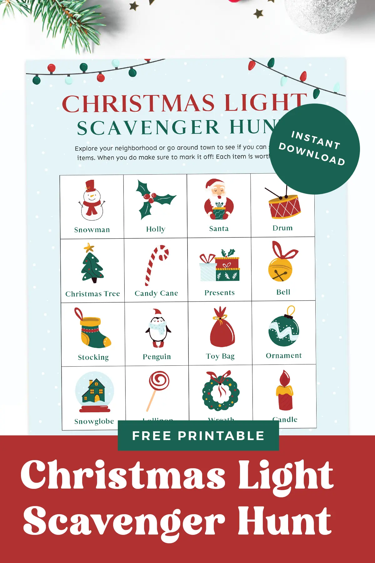 Free printable Christmas light scavenger hunt pin.