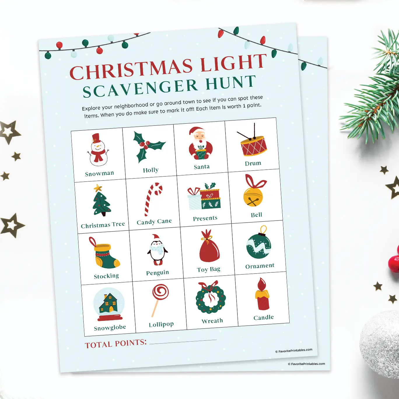 Free printable Christmas light scavenger hunt.