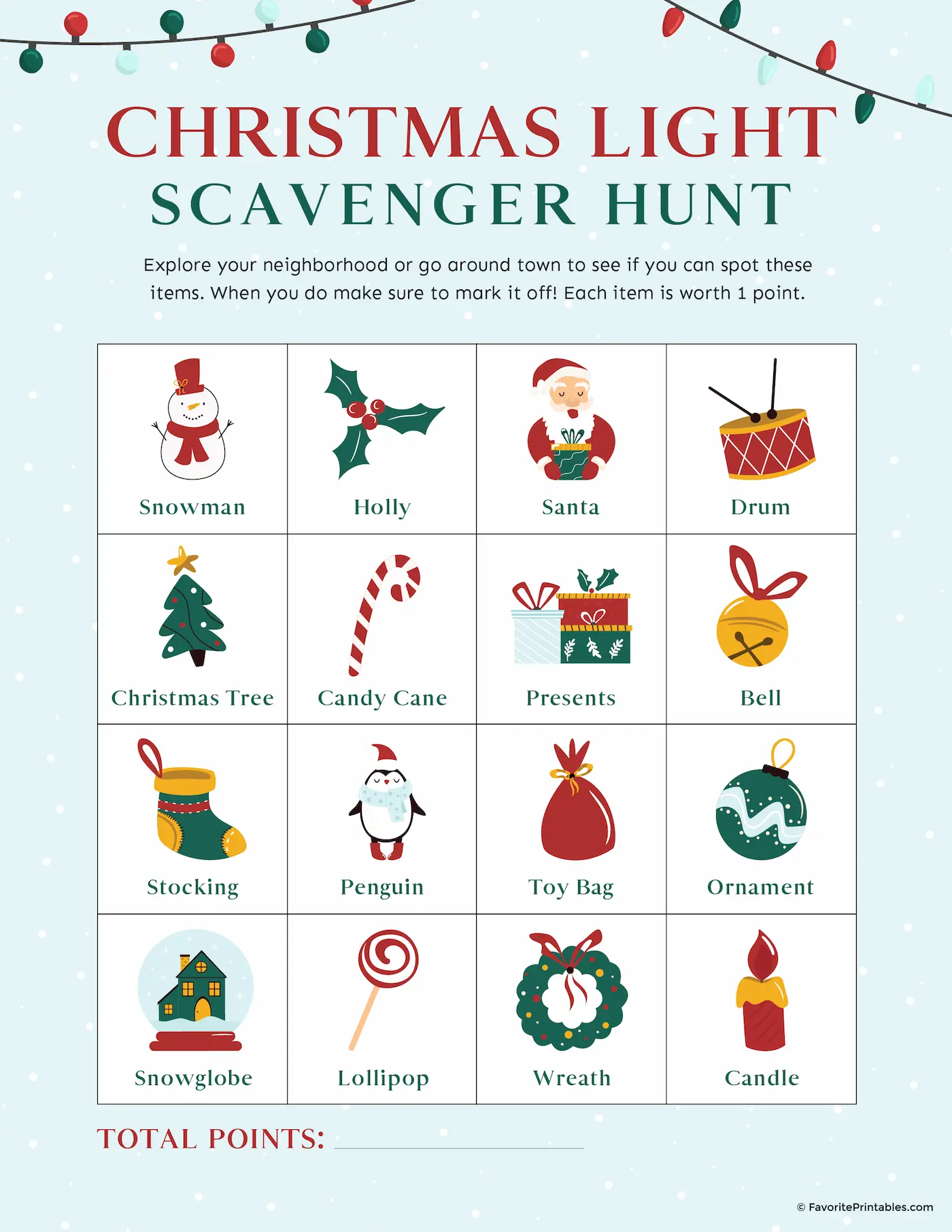 Free printable Christmas light scavenger hunt.