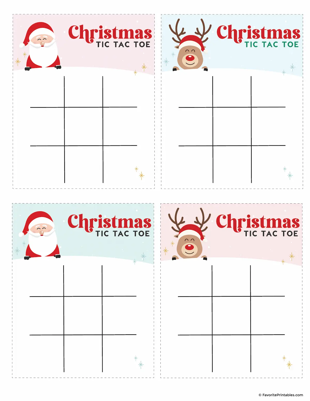 Christmas tic tac toe printable set of four cards.