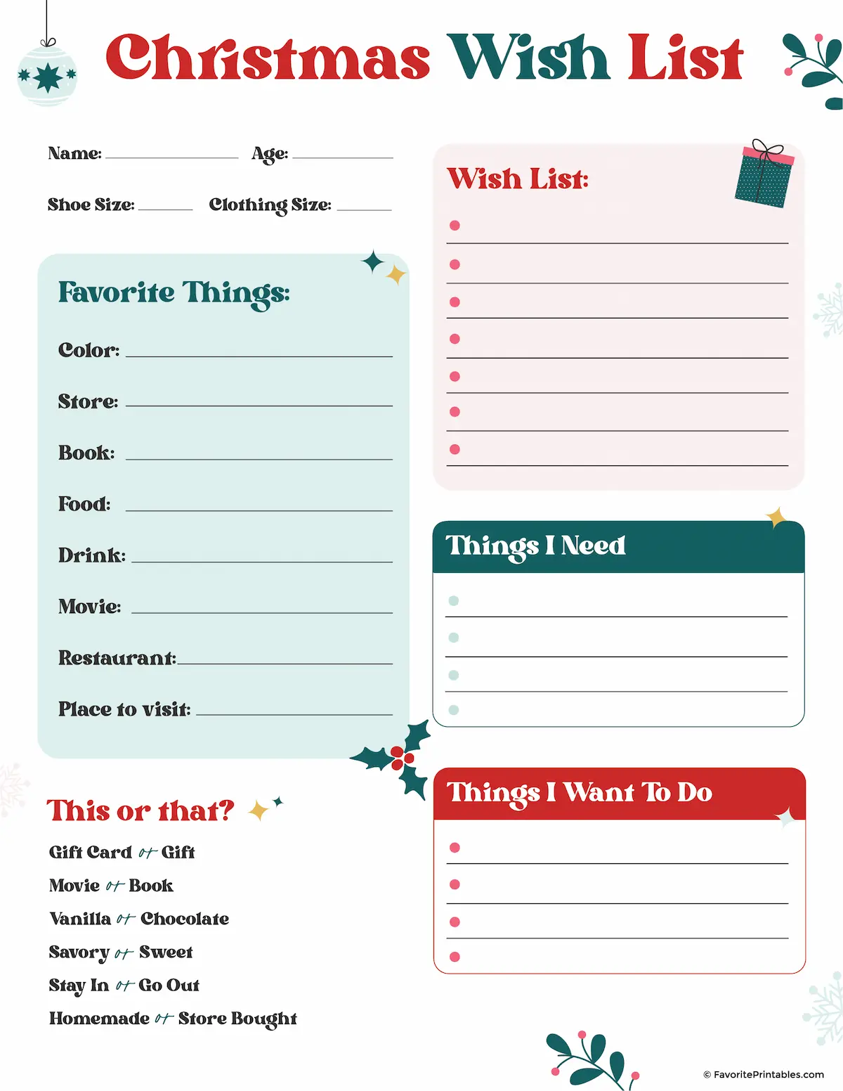 Free printable Christmas Wish List.