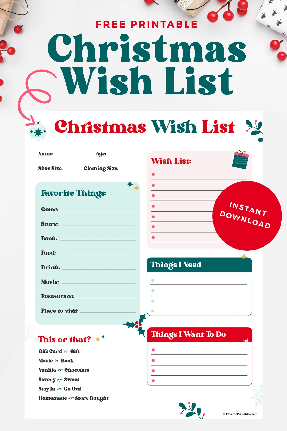 Free printable Christmas Wish List pin.