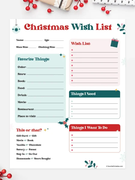 Free printable Christmas Wish List.