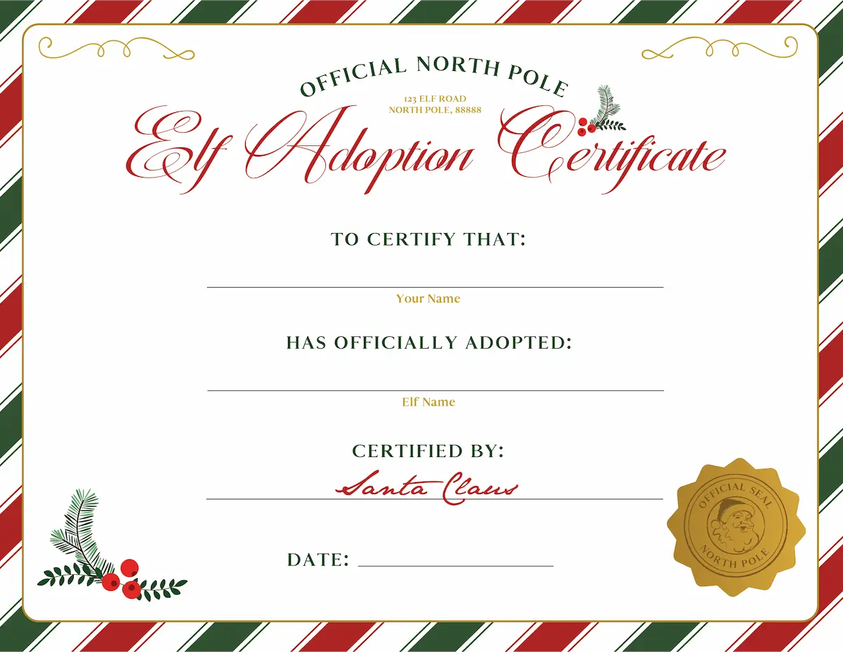 Editable Elf On The Shelf adoption certificate.