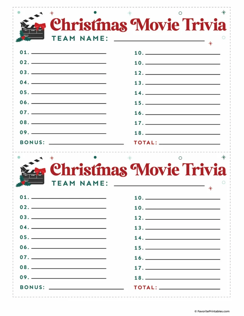 Printable Christmas movie trivia answer cards.