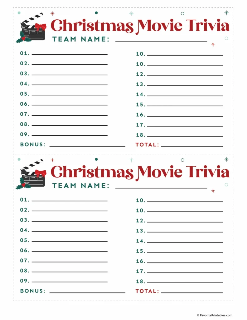 Printable Christmas movie trivia answer cards.