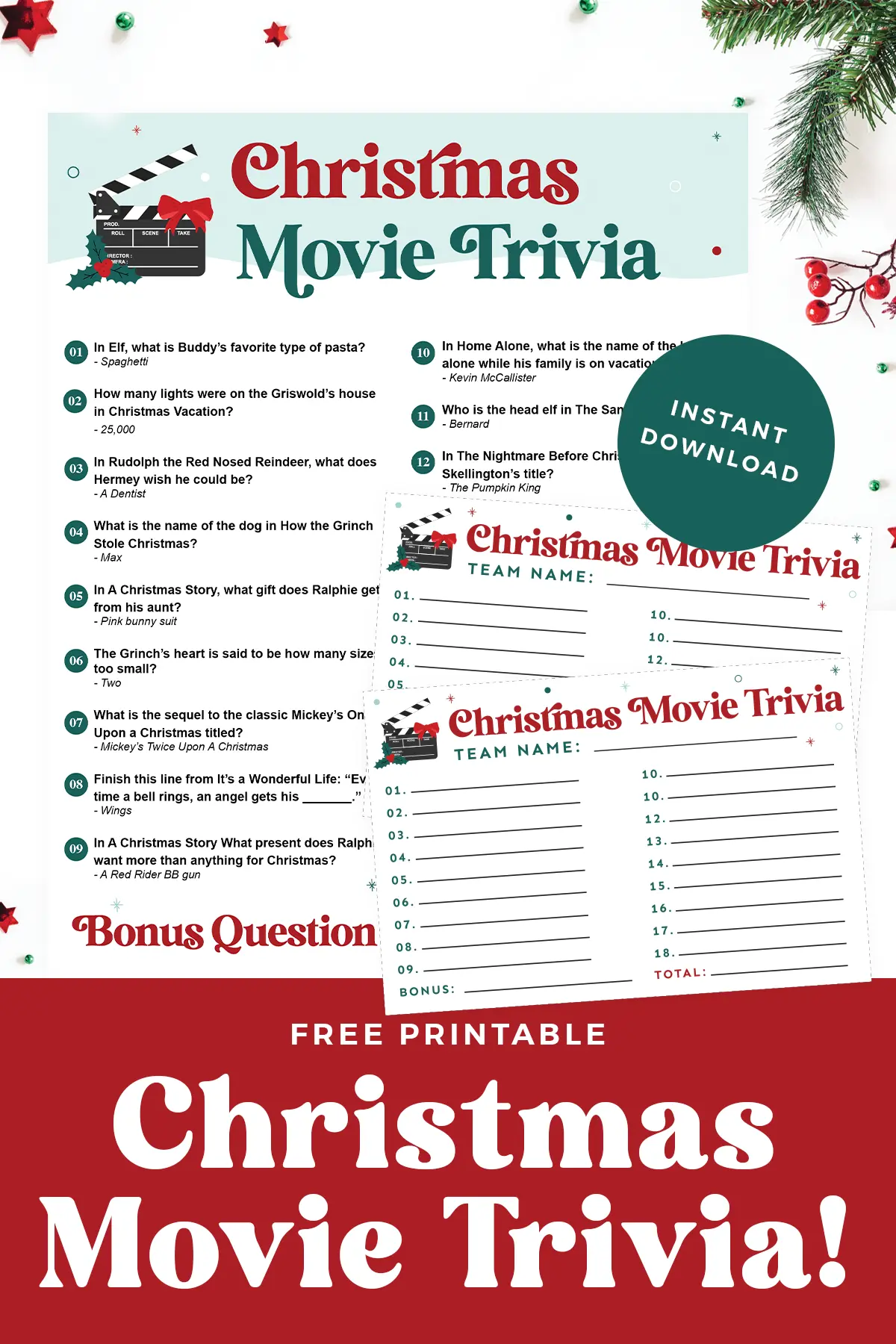 Printable Christmas movie trivia questions and answers.