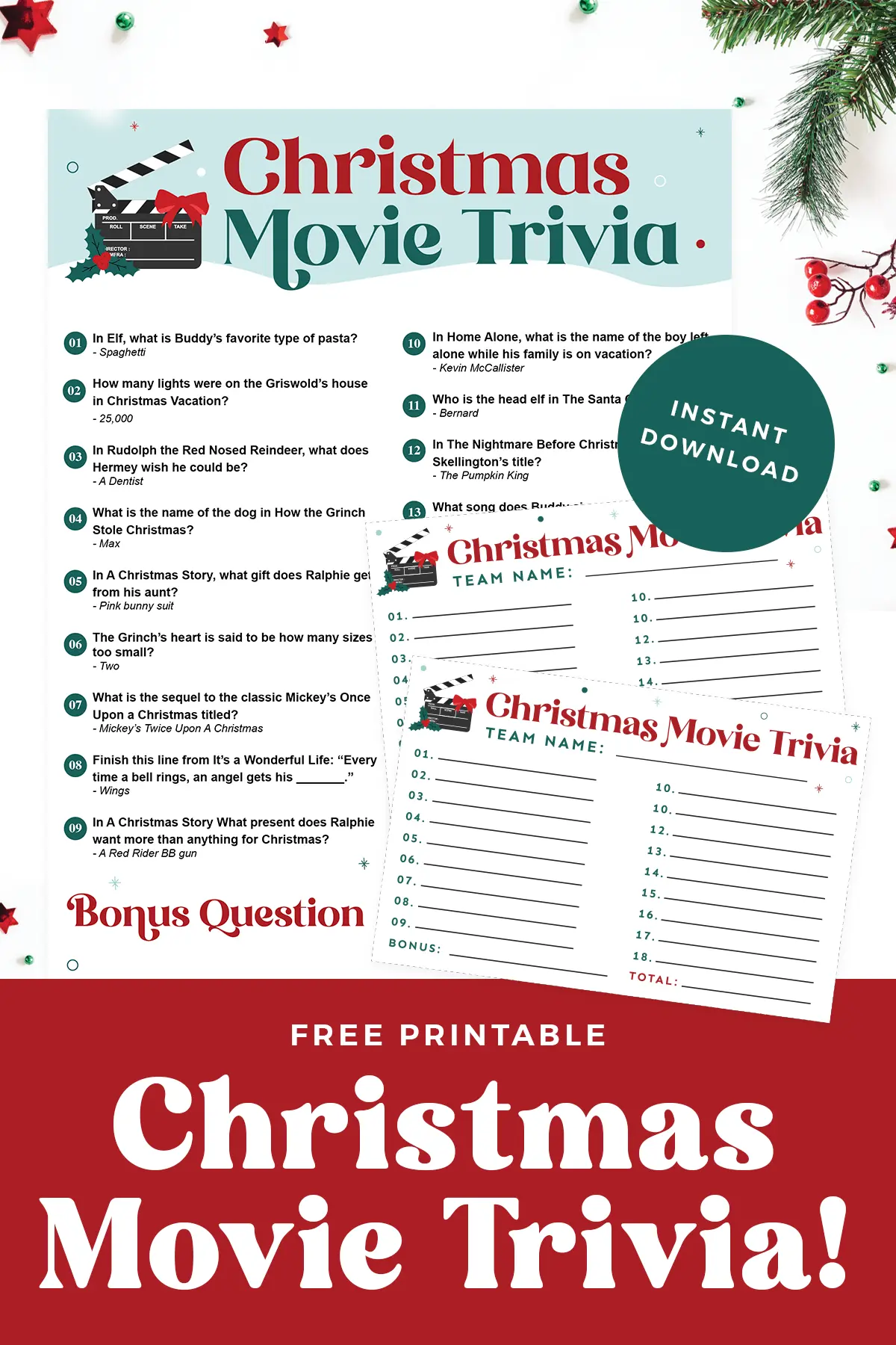 Printable Christmas movie trivia questions and answers.