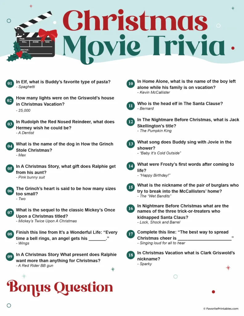 Printable Christmas movie trivia questions and answers.