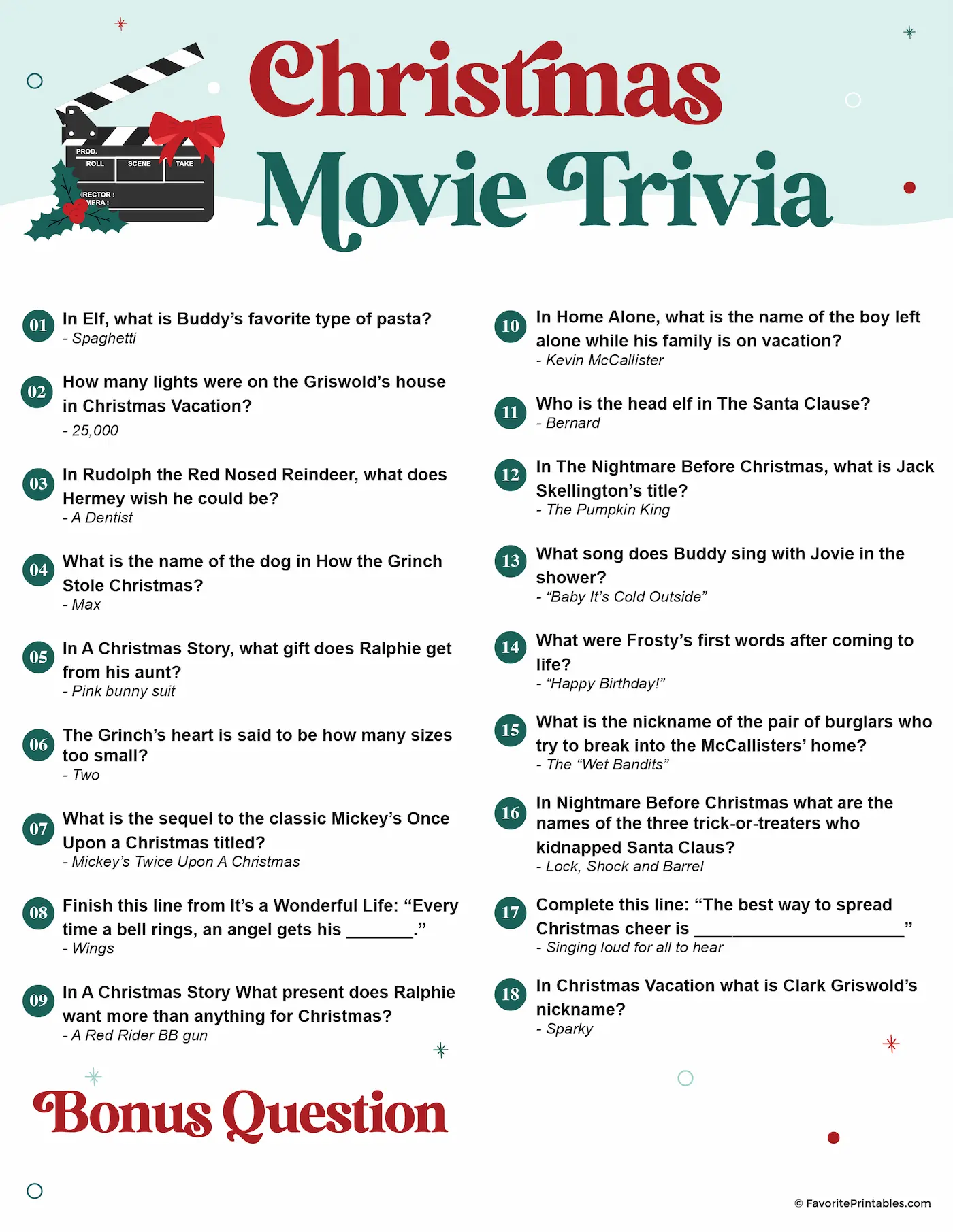 Printable Christmas movie trivia questions and answers.