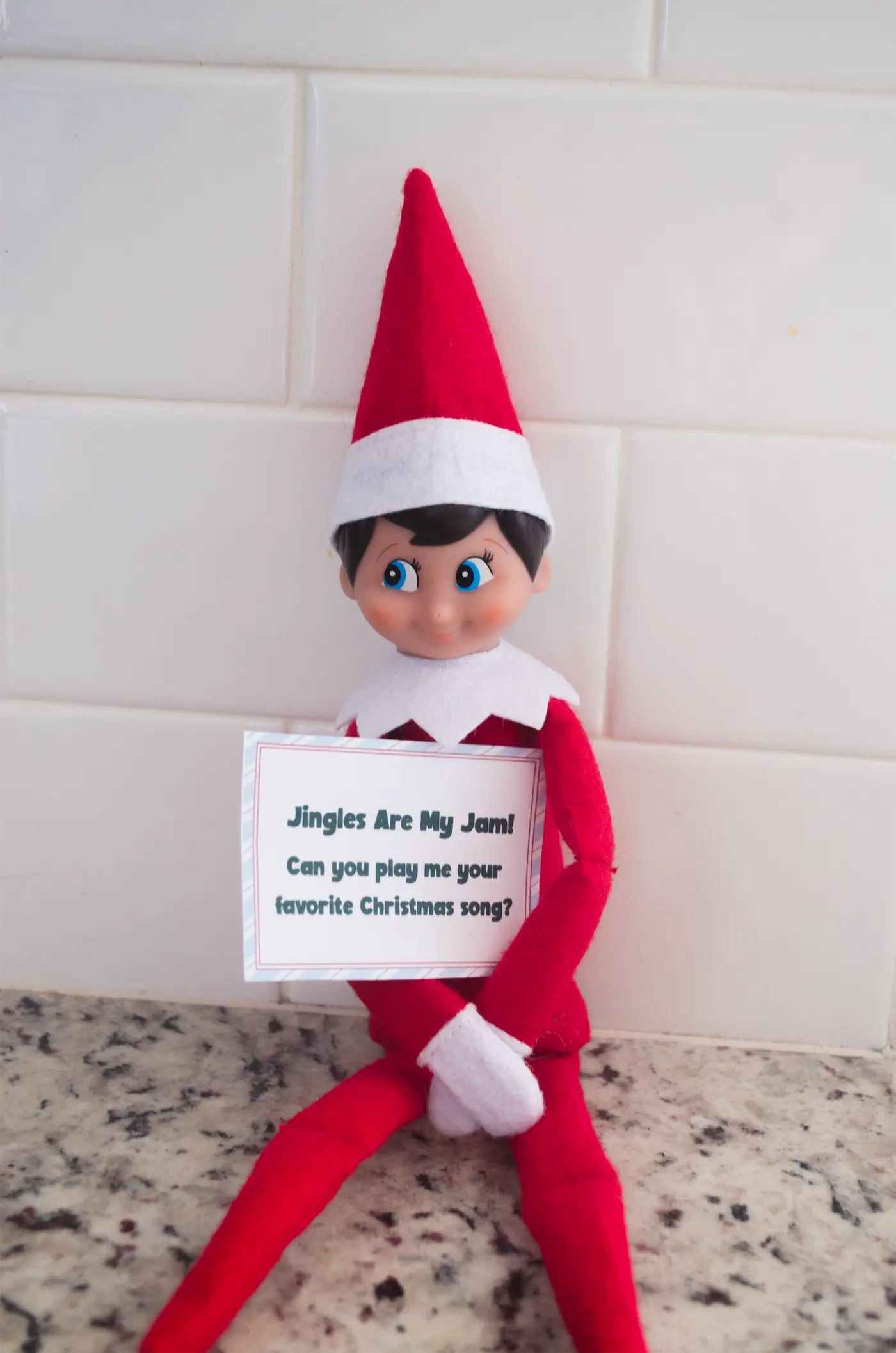 Elf on the shelf holding a sign.