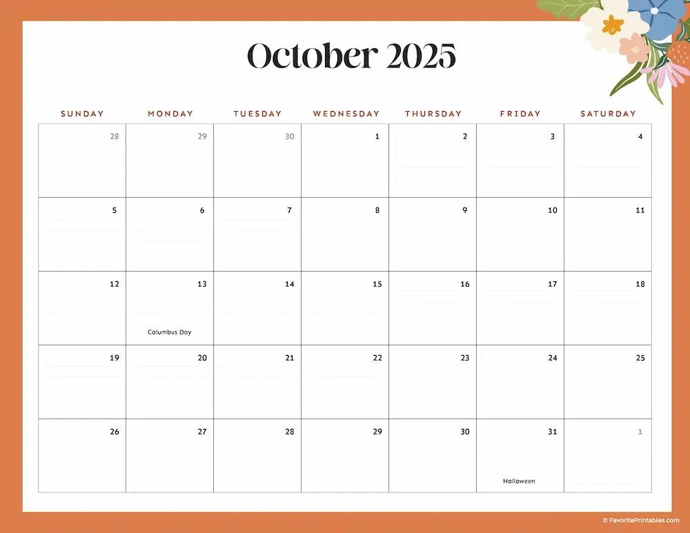 2025 Printable Calendar for October.