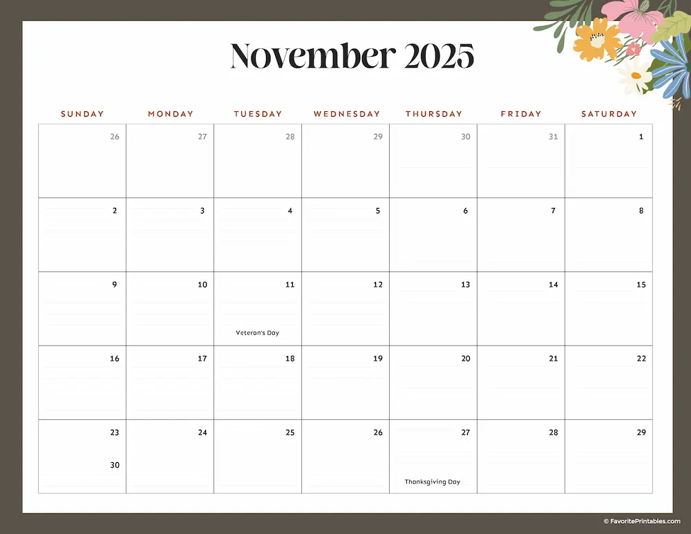 2025 Printable Calendar for November.