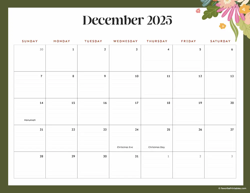 2025 Printable Calendar for December.