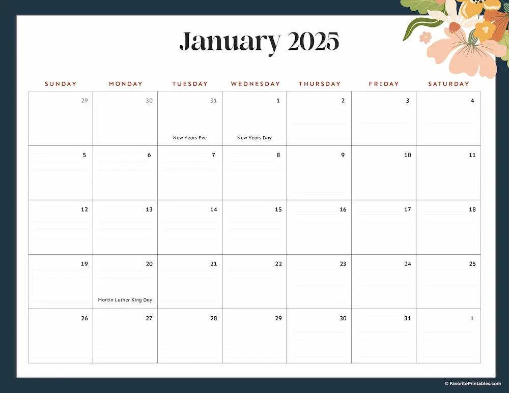 2025 Printable Calendar for January.