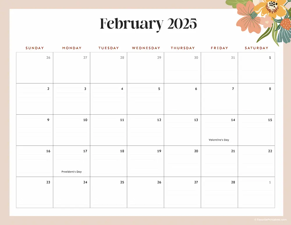 2025 Printable Calendar for February.