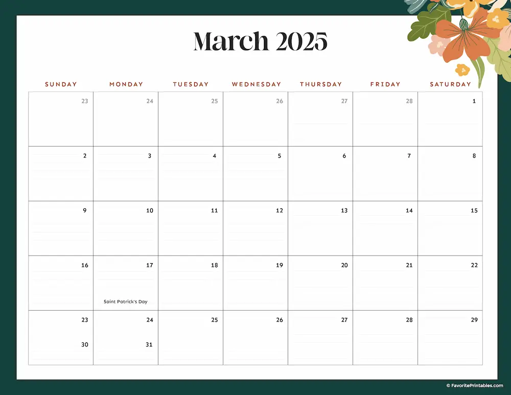 2025 Printable Calendar for March.