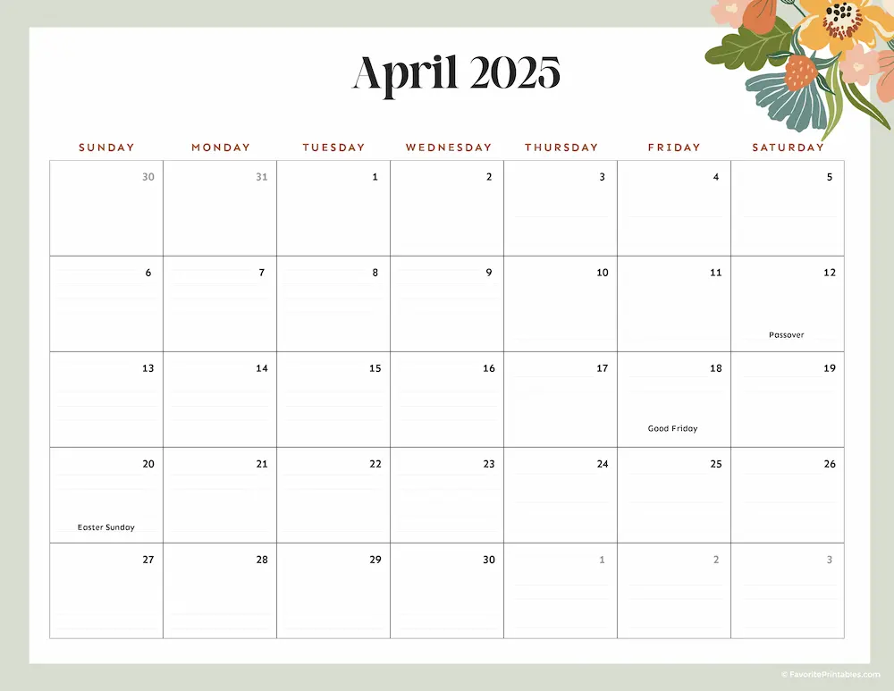 2025 Printable Calendar for April.