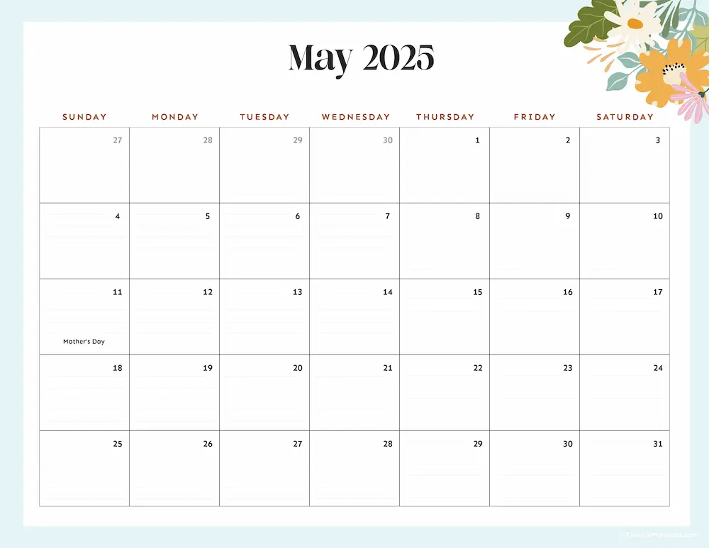 2025 Printable Calendar for May.