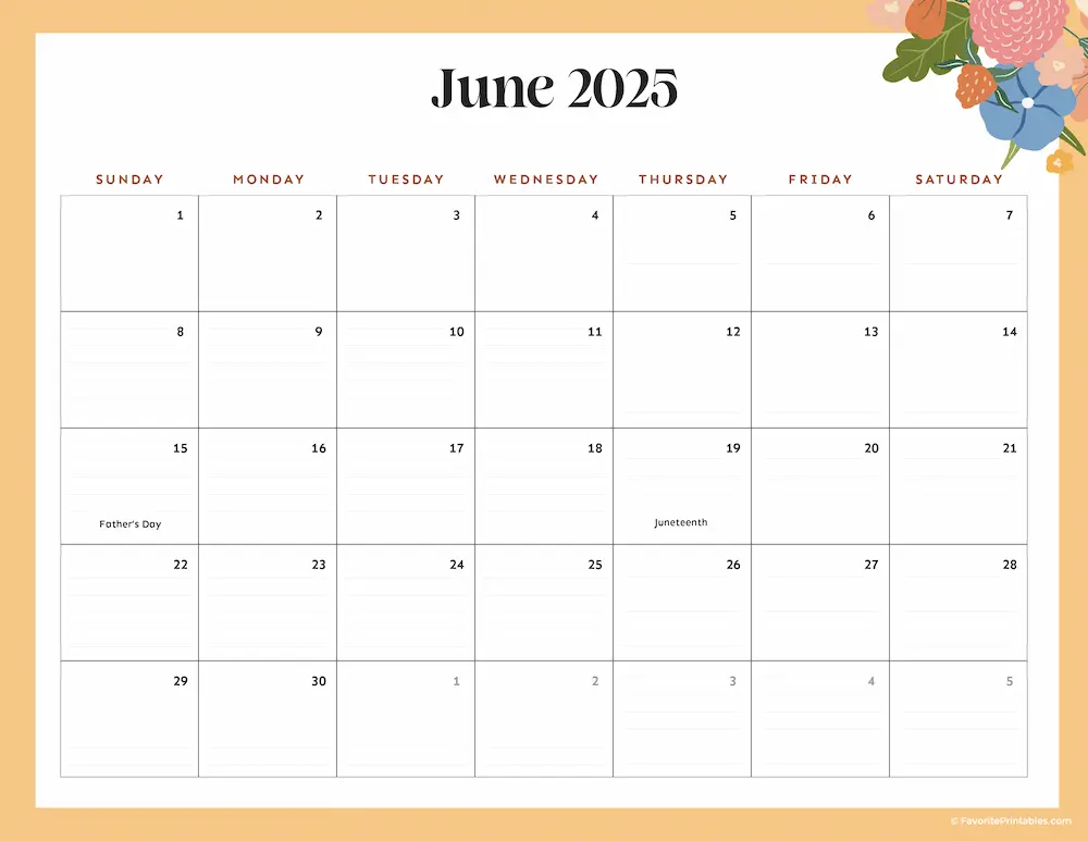 2025 Printable Calendar for June.