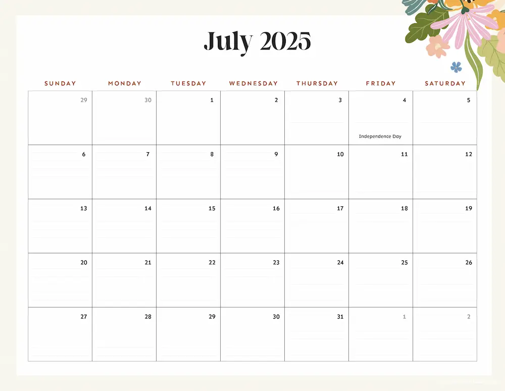 2025 Printable Calendar for July.