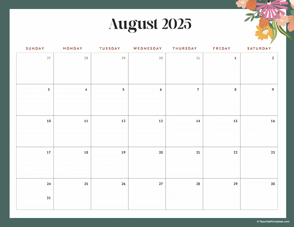 2025 Printable Calendar for August.