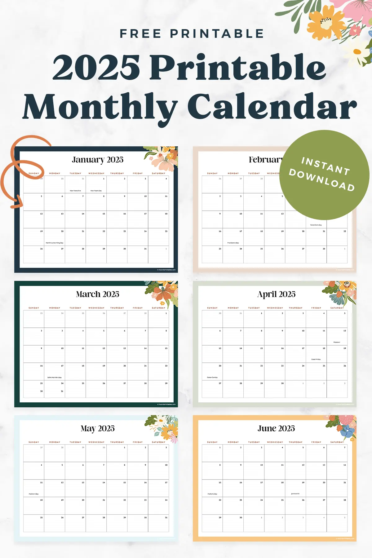 Free printable 2025 monthly calendar with dates.